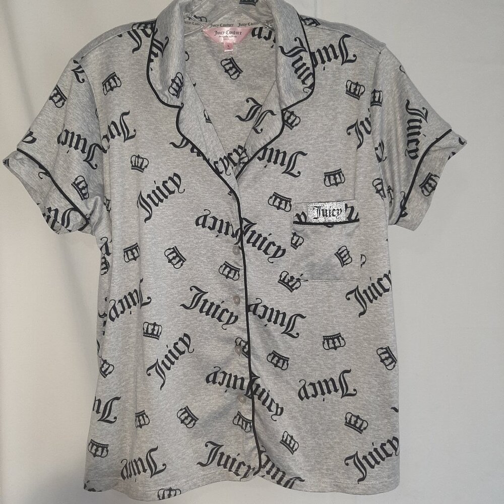 Juicy Couture Pajama Top, Button Down, Pocket, Gray with Black Logo, Sz L